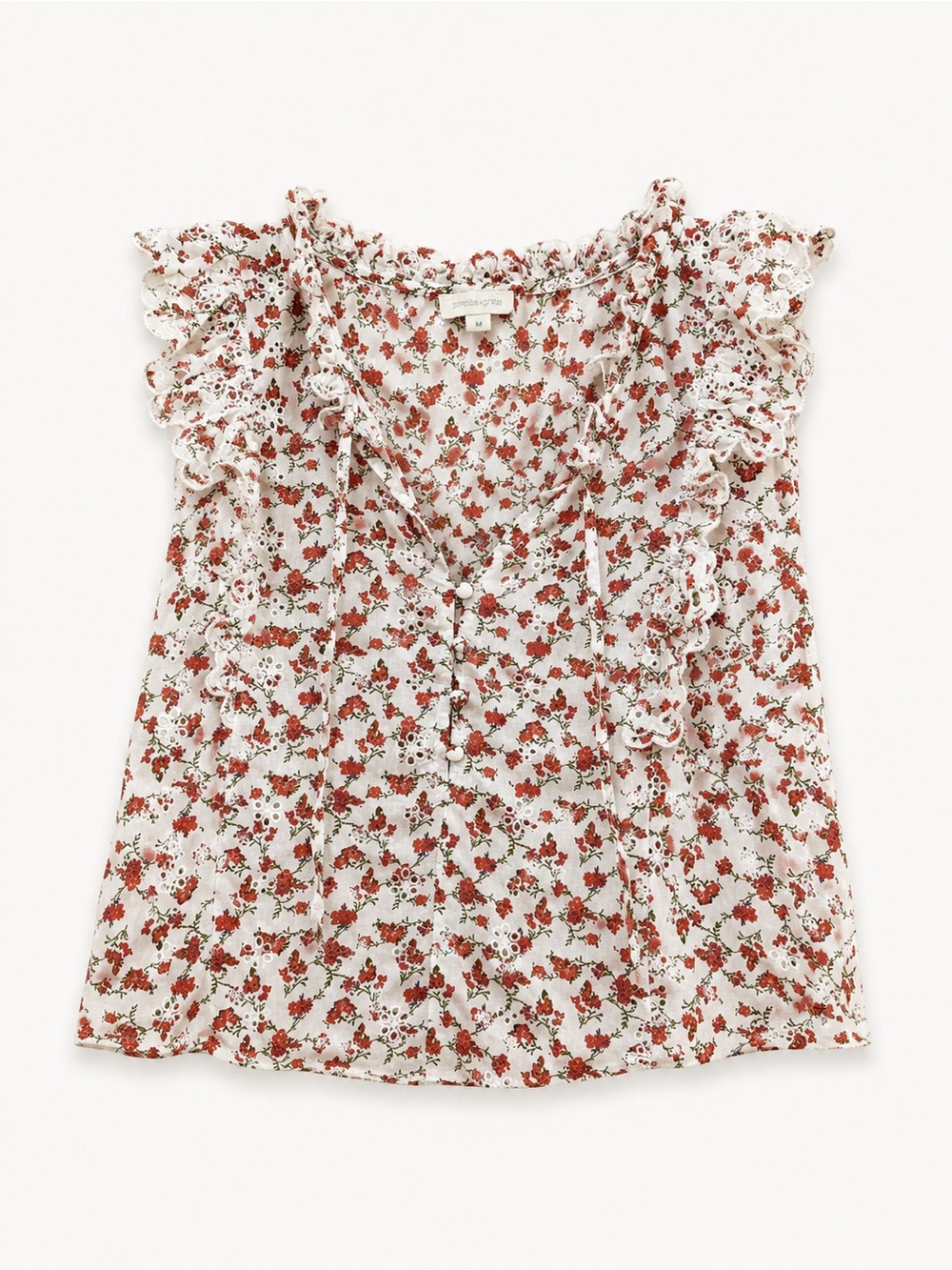 Ruffled Floral Tie-Neck Camisole - White with Rust Floral